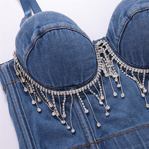 New Performance Sexy Tassel Rhinestones Crop Top Women Harajuku Denim Camis Tops With Built In Bra Push Up Bralette