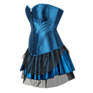 Women Sexy Peacock Blue Corset Dress Vintage Satin Waist Cincher Corset Bustier Lingerie Top With Mesh Mini Pleated Skirt Set