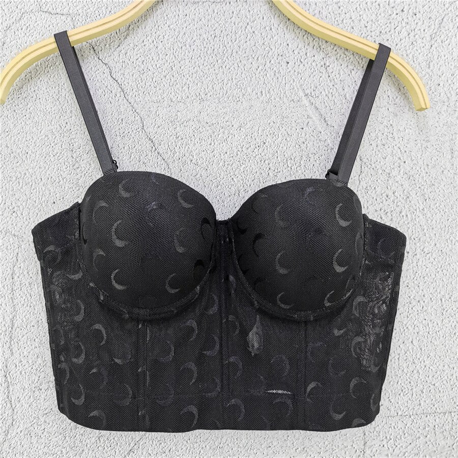 Mesh Lace Moon Pattern Crop Top Casual Sexy Women Top To Wear Out Push Up Bralette Bra Corset Sleeveless Clothes