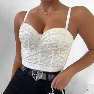 Imitation Pearls Camisole Sleeveless Adjustable Camis Crop Tops Women Party Clubwear