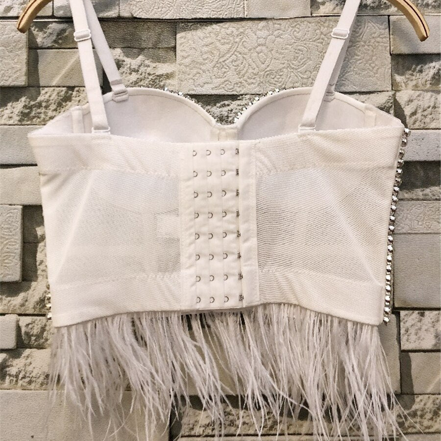 Rhinestone Crop Top With Cups Mesh Tassel Women Nightclub Show Sexy Push Up Bralette Bra Corset Slim Clothes
