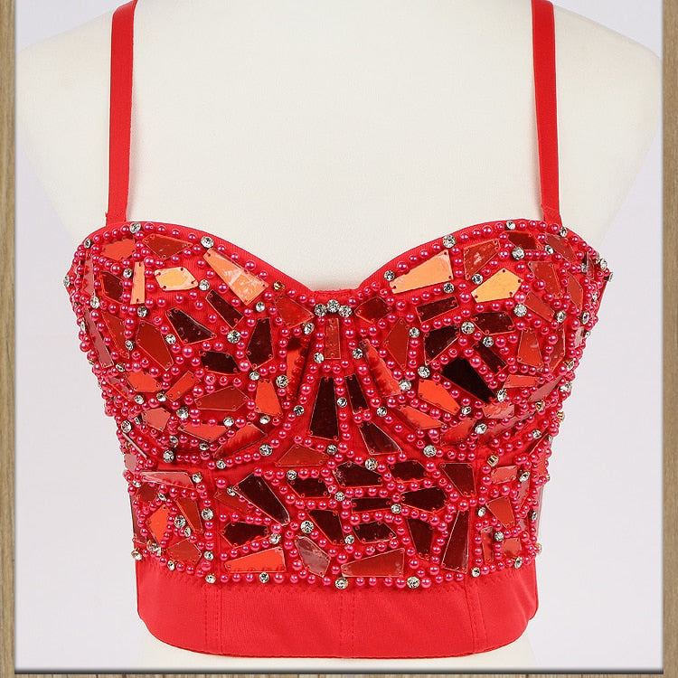 Sexy Beaded Diamond Sequins Women Camis Corset Crop Top To Wear Out Push Up Bustier Bra