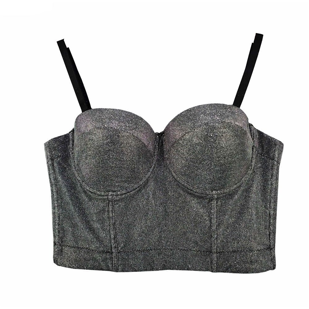 Crop Top with Built In Bra Women Shiny Sexy Body Bright Line Off Shoulder Straps Party Corset Tops Push Up Bralette