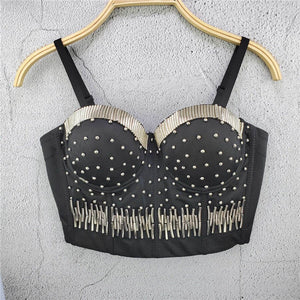 Autumn Crop Top Nightclub Sexy Beading Shine Top With Cups Bra Push Up Bralette Female Corset Camis Clothes