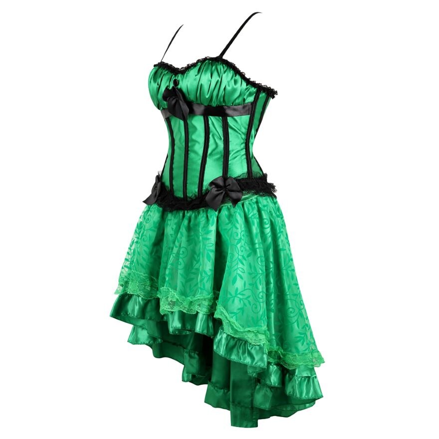 Women Sexy Lace Corset Dress Satin Striped Cup Straps Corset Bustier Lingerie Top With Asymmentrical Floral Skirt Set Green