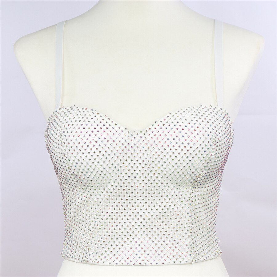 Mesh Top Acrylic Sexy Lingerie Night Club Party Sleeveless Corset Crop Top Push Up Bustier Camis Built in Bra