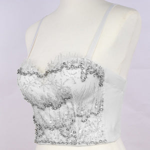 Sequins Bodice Girls Summer Top Sleeveless Short Sexy Push Up Crop Top Off Shoulder Party Camis With Built In Bra