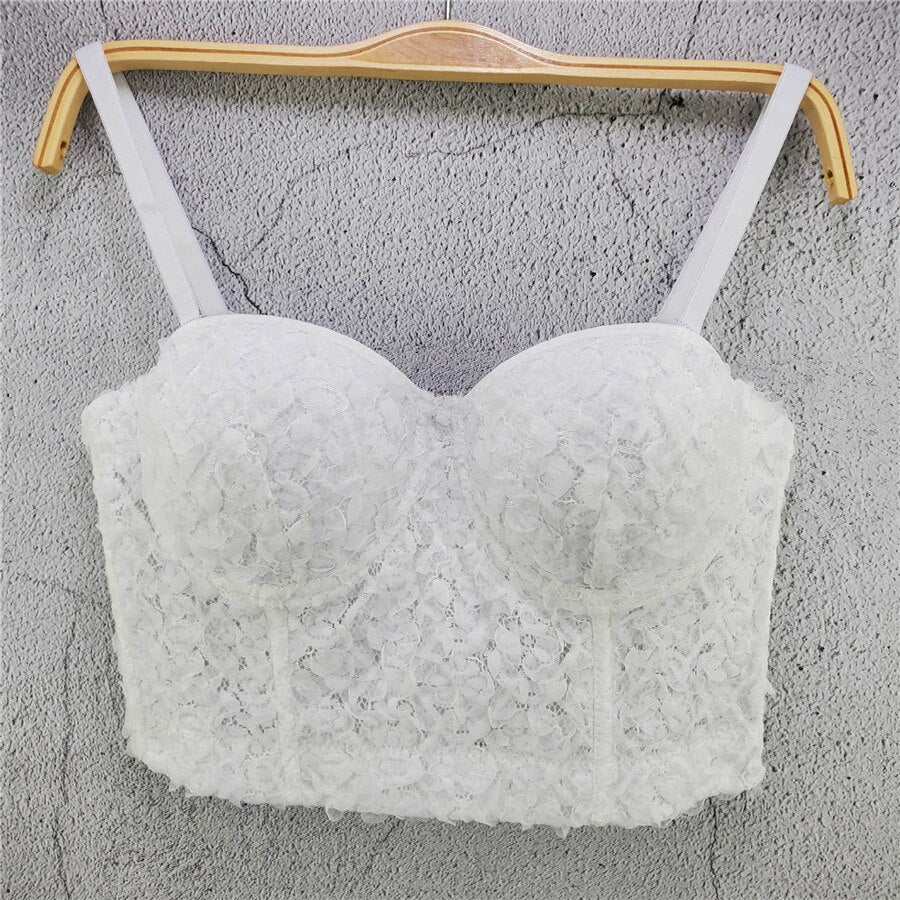 Lace Flowers Short Sexy Crop Top Women Nightclub Cami Tops With Built In Bra Push Up Bustier Corset