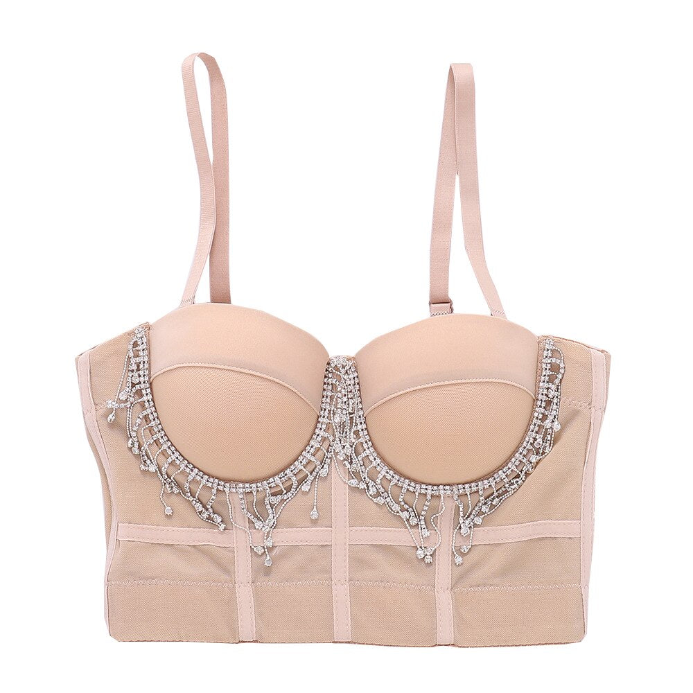 Sexy Beaded Tassel Rhinestone Women Camis Cropped Top Corset Crop Top To Wear Out Push Up Bustier Bra