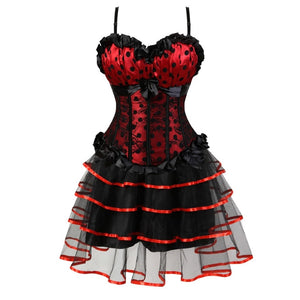 Women Victorian Vintage Corset Dress Sexy Lace Dot Print Straps Corset Bustier Top With Striped Mesh Mini Tutu Skirt Set