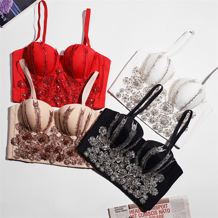 Sexy Slim Beads Acrylic Women Corset Crop Top Built in Bra To Wear Out Off Shoulder Camis Clothes