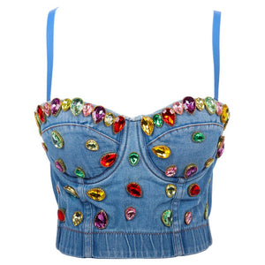 Nightclub Stage Performance Bralette Corset Tops Women Summer Colorful Gemstone Denim Crop Top With Bar