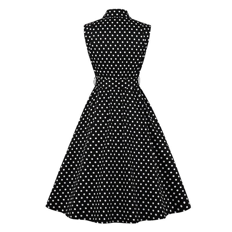 Turn Down Collar Single-Breasted Polka Dot Summer Cotton Shirt Dress Women 50s Rockabilly Vintage Sleeveless Midi Dresses