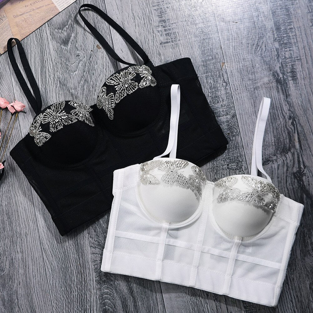 Beaded Mesh Cropped Summer Sexy Corset Party Cup Short Women Camis Built In Bra Cropped Crop Top YH1172