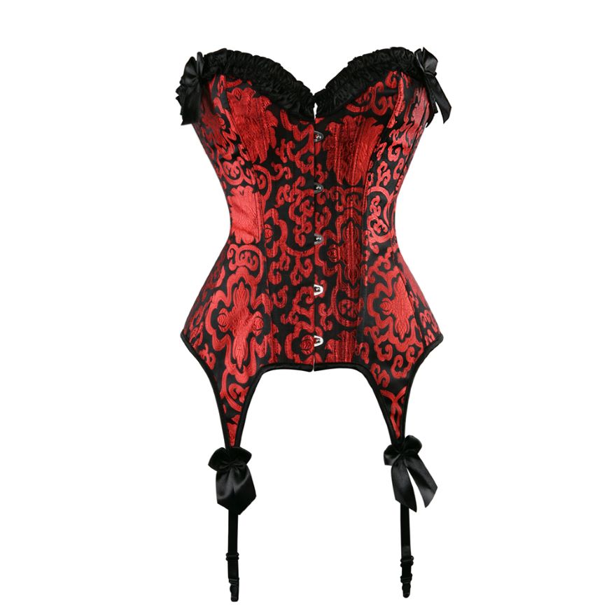 Women Sexy Jacquard Lace Bow Overbust Corset Women Burleque Retro Red Floral Waist Cincher Lace Up Corset Bustier Lingerie Top