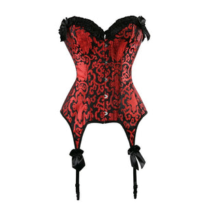 Women Sexy Jacquard Lace Bow Overbust Corset Women Burleque Retro Red Floral Waist Cincher Lace Up Corset Bustier Lingerie Top