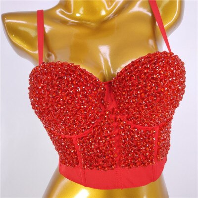 Sexy Crop Top Nightclub Show Corset Sleeveless Beads Top Women Camis Tops With Built In Bra Push Up Bralette