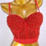 Sexy Crop Top Nightclub Show Corset Sleeveless Beads Top Women Camis Tops With Built In Bra Push Up Bralette