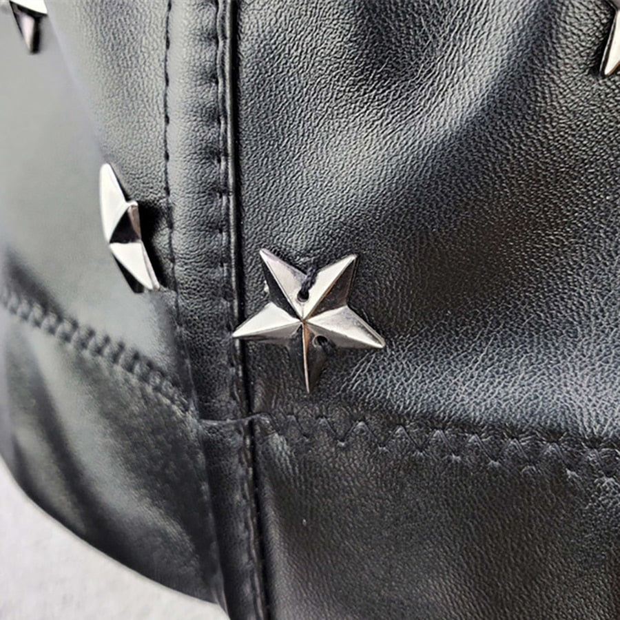 PU Leather Star Decor Sexy Black Beading Crop Top Women Solid Camis Tops With Built In Bra Push Up Bustier Corset