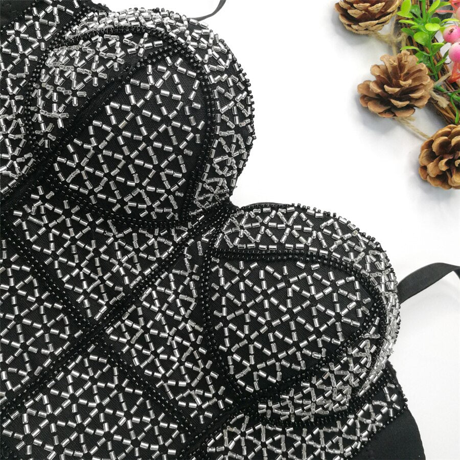 Crop Tops Beads Women Sexy Nightclub Party Corset Off Shoulder Push Up Bustier Cami Built in Bra Lingerie