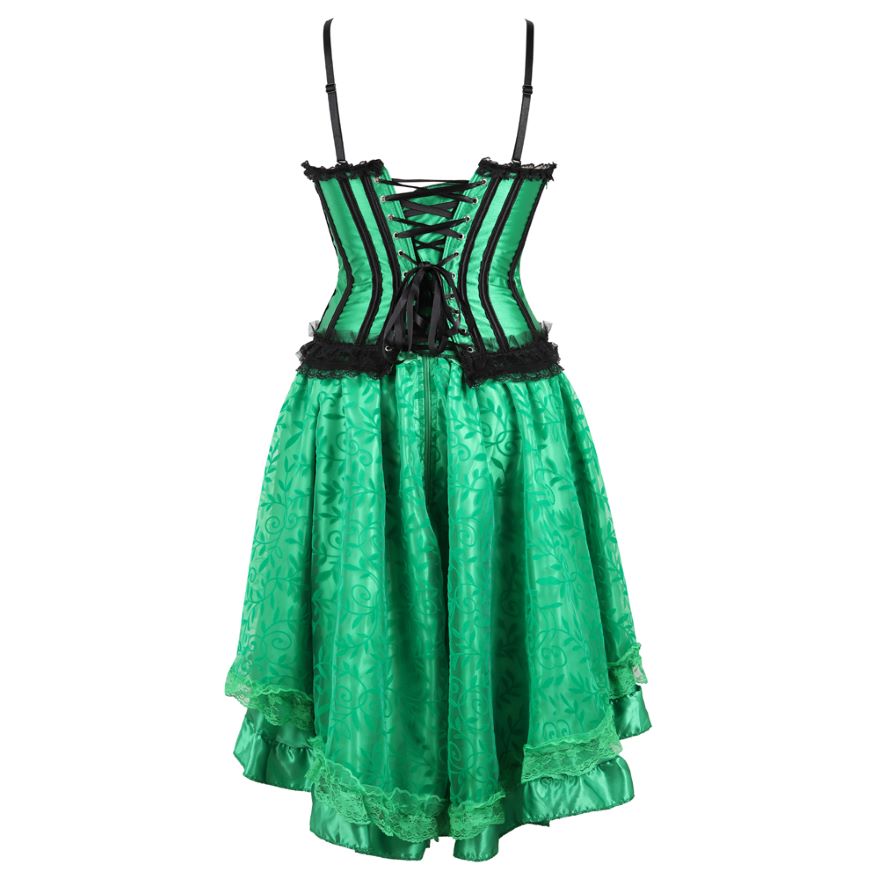 Women Sexy Lace Corset Dress Satin Striped Cup Straps Corset Bustier Lingerie Top With Asymmentrical Floral Skirt Set Green