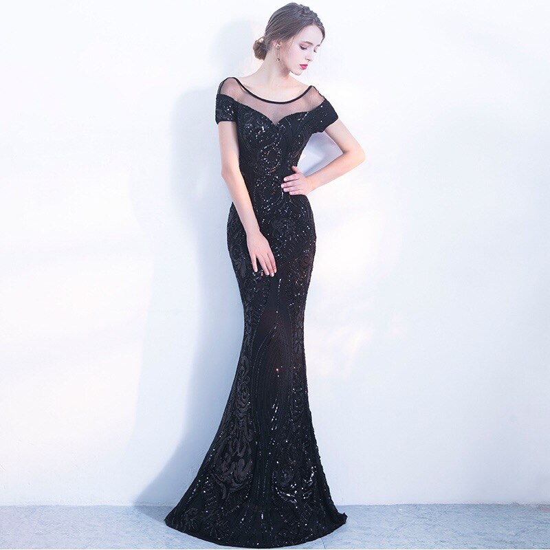 low back black sequin dress Sequin-Tulle Backless Long Prom Dress