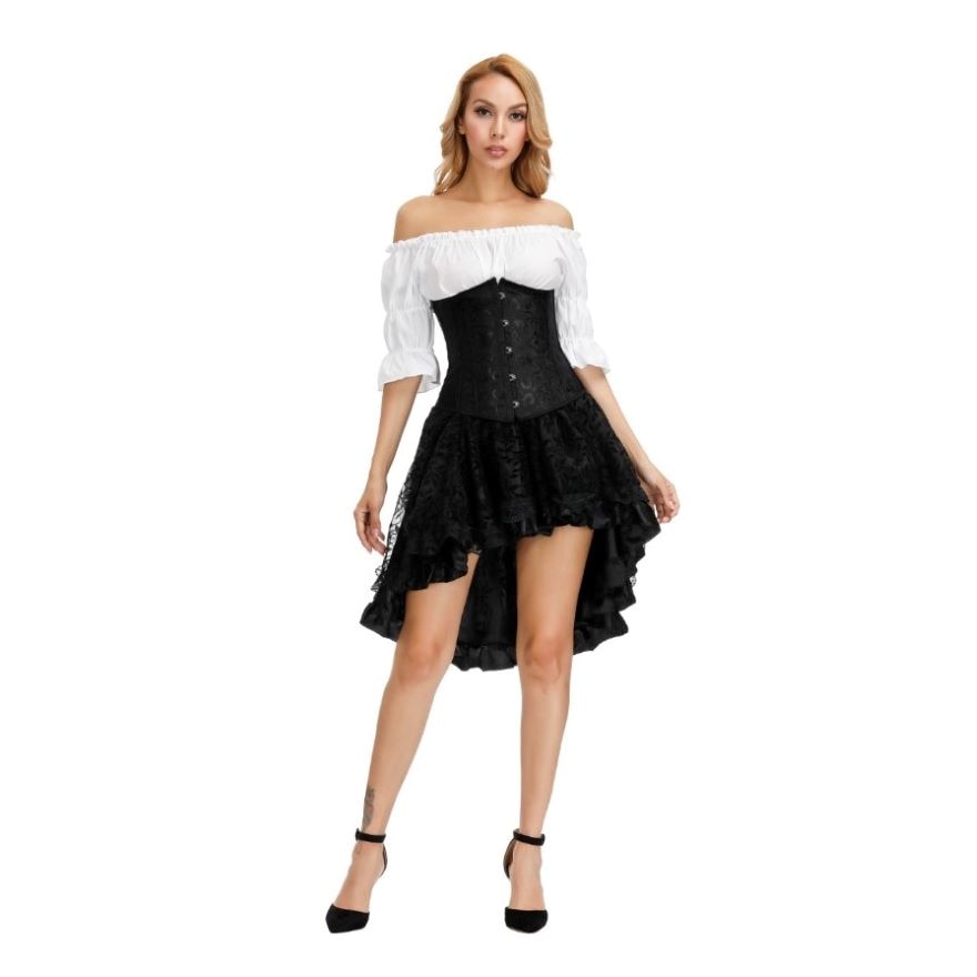 Gothic Skirt Set Underbust Corset Asymmetrical Floral Lace Skirt with Renaissance Blouse Three-Pieces Outfits Plus Size