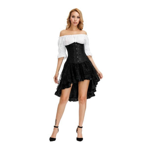 Gothic Skirt Set Underbust Corset Asymmetrical Floral Lace Skirt with Renaissance Blouse Three-Pieces Outfits Plus Size