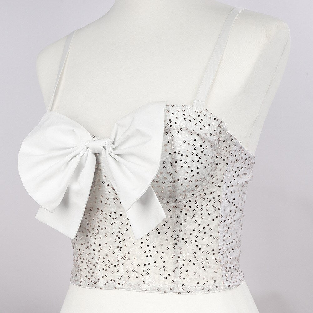 Crop Tops Sexy Sleeveless Sequins Bow Women Top Cropped Party Corset Push Up Bustier Camis Built in Bra