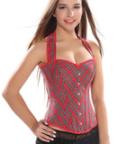 Sexy Women Red Plaid Overbust Straps Corset Waist Cincher Outwear Halter Bustier with G-string Plus Size S-6XL