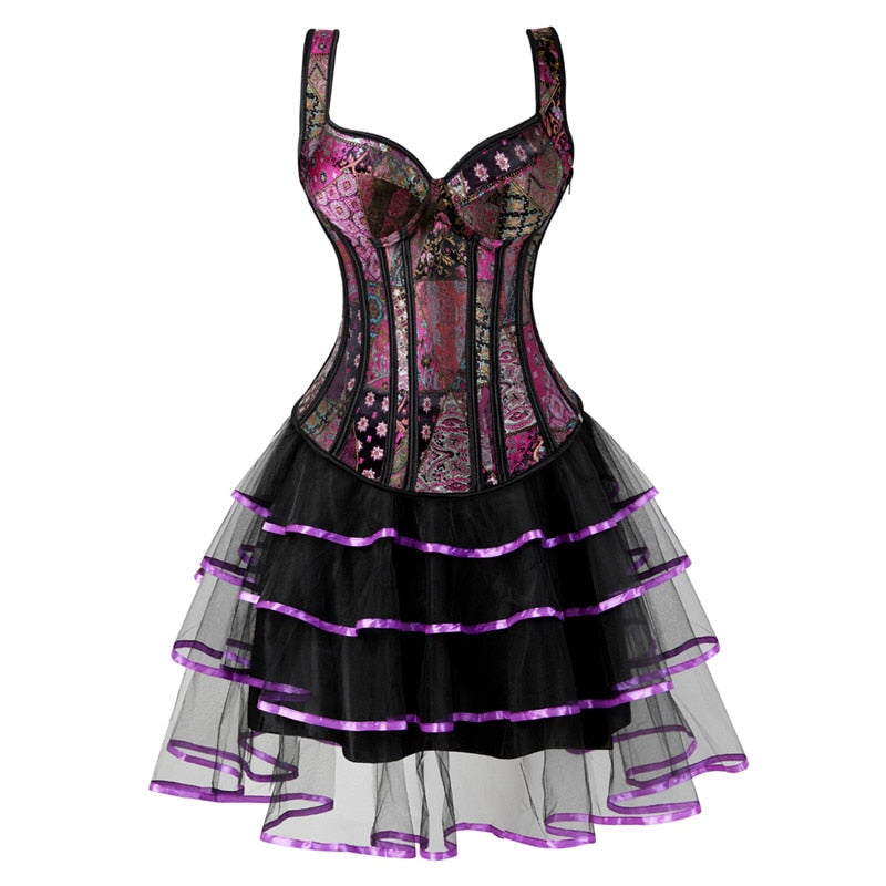 Women Victorian showgirl Gothic Corset Vest with Bubble Skirt Renaissance Brocade Lace Up Strap Purple Corset Top Dress Set