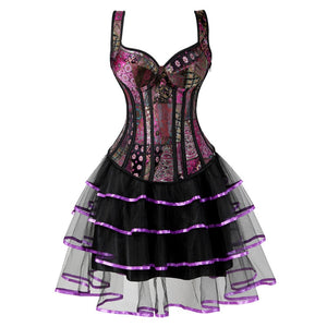 Women Victorian showgirl Gothic Corset Vest with Bubble Skirt Renaissance Brocade Lace Up Strap Purple Corset Top Dress Set
