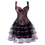 Women Victorian showgirl Gothic Corset Vest with Bubble Skirt Renaissance Brocade Lace Up Strap Purple Corset Top Dress Set