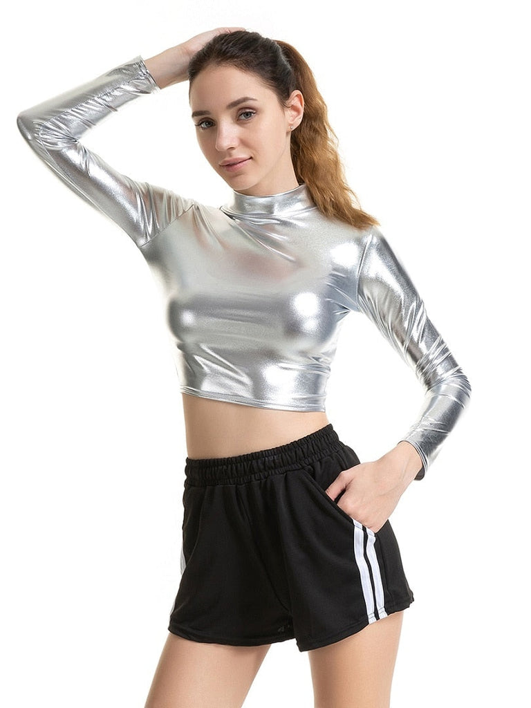 Metallic Liquid Turtleneck Long Sleeve Crop Top for Rave Club Dance Wet Look Short Holographic T-shirt Cropped Top