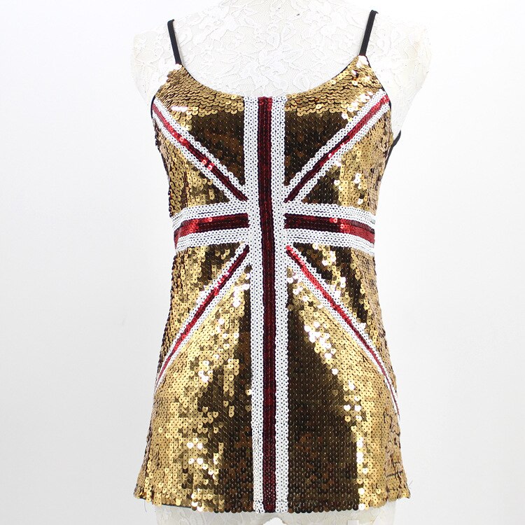 Blue Union Jack England Flag Bling Sequined Ladies Top Party Gift Costumes Sexy Club Adjustable Strap Sequin Cami Top