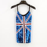 Blue Union Jack England Flag Bling Sequined Ladies Top Party Gift Costumes Sexy Club Adjustable Strap Sequin Cami Top