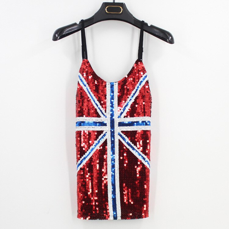 Blue Union Jack England Flag Bling Sequined Ladies Top Party Gift Costumes Sexy Club Adjustable Strap Sequin Cami Top