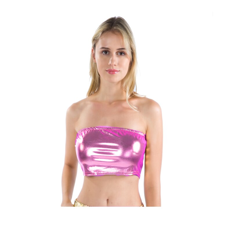 Metallic Strapless Bandeau Tube Crop Tops Shiny Stretchy Rave Festival Holographic Tank Top Bra Clubwear