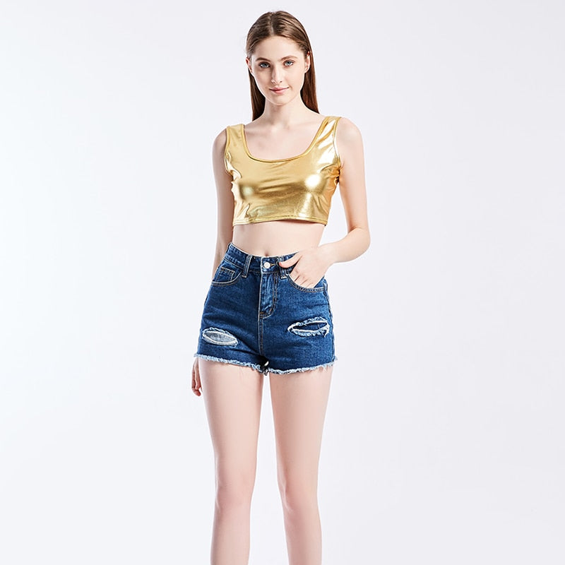 Shiny Women Metallic Rave Dance Festival Clubwear Crop Tank Tops Short Vest Summer Sleeveless Scoop Neck Holographic Top
