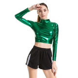 Metallic Liquid Turtleneck Long Sleeve Crop Top for Rave Club Dance Wet Look Short Holographic T-shirt Cropped Top