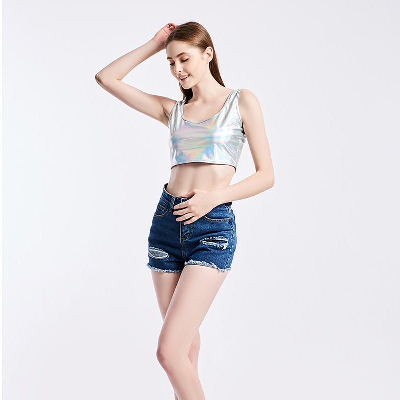 Shiny Women Metallic Rave Dance Festival Clubwear Crop Tank Tops Short Vest Summer Sleeveless Scoop Neck Holographic Top