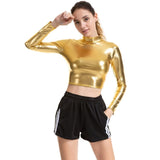 Metallic Liquid Turtleneck Long Sleeve Crop Top for Rave Club Dance Wet Look Short Holographic T-shirt Cropped Top