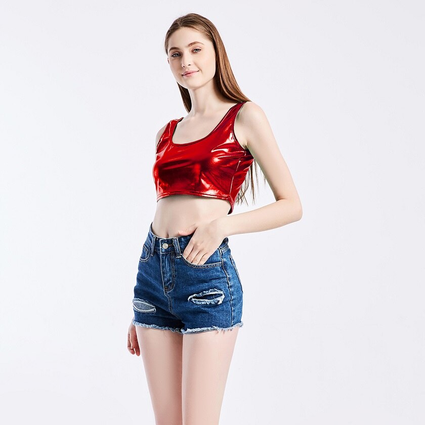 Shiny Women Metallic Rave Dance Festival Clubwear Crop Tank Tops Short Vest Summer Sleeveless Scoop Neck Holographic Top