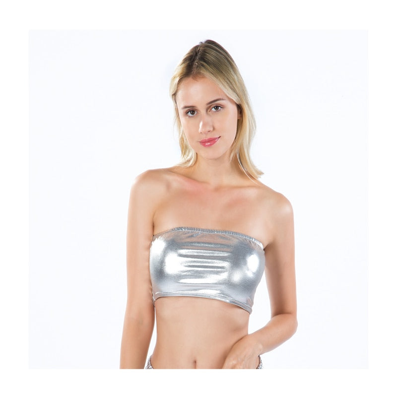 Metallic Strapless Bandeau Tube Crop Tops Shiny Stretchy Rave Festival Holographic Tank Top Bra Clubwear