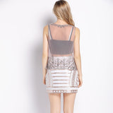 Perspective Mesh Crop Runway O-Neck Sleeveless Short Beaded Sequin Tank Top Party Club Gauze Embroidery Top