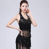 Sequin Fringe Cami Top U-Neck Halter Cold Shoulder Back Lace-Up Crop Top Club Party Dance Performance Outfits