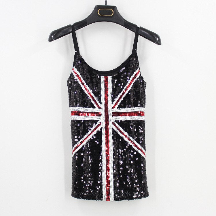 Blue Union Jack England Flag Bling Sequined Ladies Top Party Gift Costumes Sexy Club Adjustable Strap Sequin Cami Top