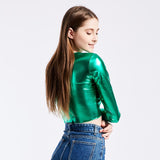 Sexy Metallic Liquid V-Neck Wrap Front Long Sleeve Shirt Tee for Club Night Out Slim Wet Look Short T-shirt Crop Top Clubwear