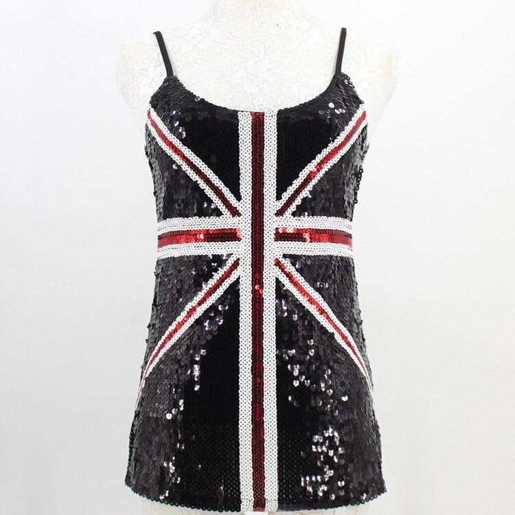 Blue Union Jack England Flag Bling Sequined Ladies Top Party Gift Costumes Sexy Club Adjustable Strap Sequin Cami Top