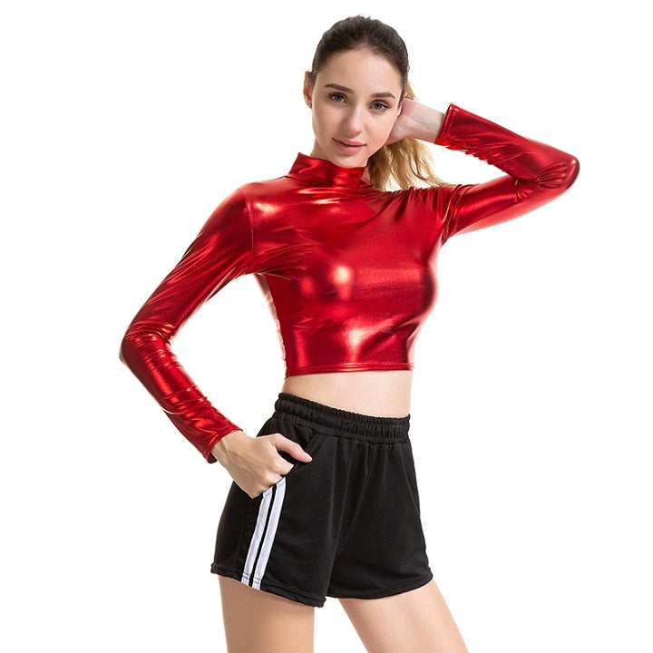 Metallic Liquid Turtleneck Long Sleeve Crop Top for Rave Club Dance Wet Look Short Holographic T-shirt Cropped Top